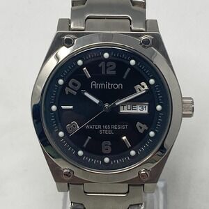 Armitron Watch Men 40mm Silver Tone Black Dial Day Date WR 50M New Battery 7.75"